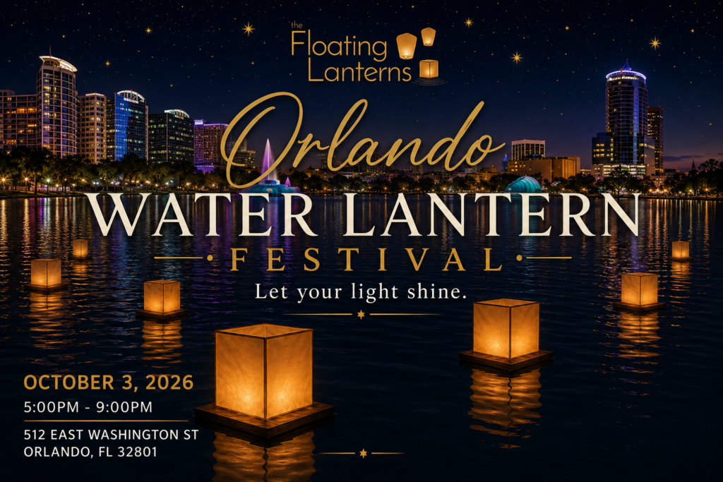 Event poster for the Orlando Water Lantern Festival at Lake Eola Park