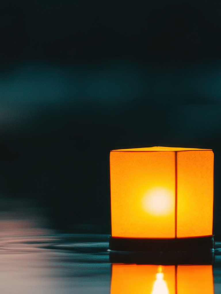 A single LED-lit paper lantern floating on dark water