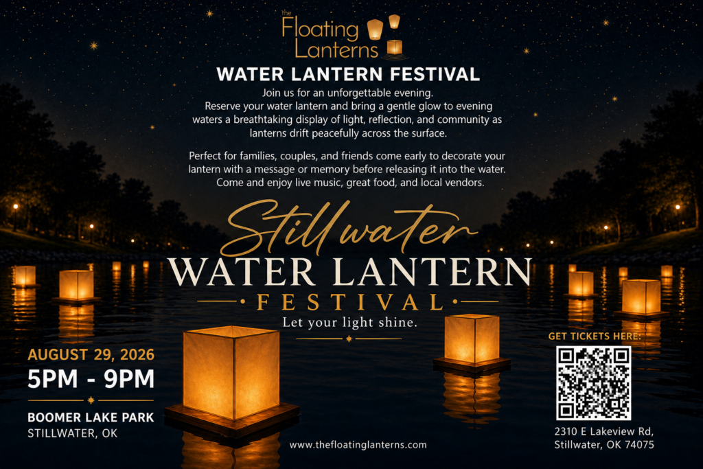 Event poster for the Stillwater Water Lantern Festival at Boomer Lake Park