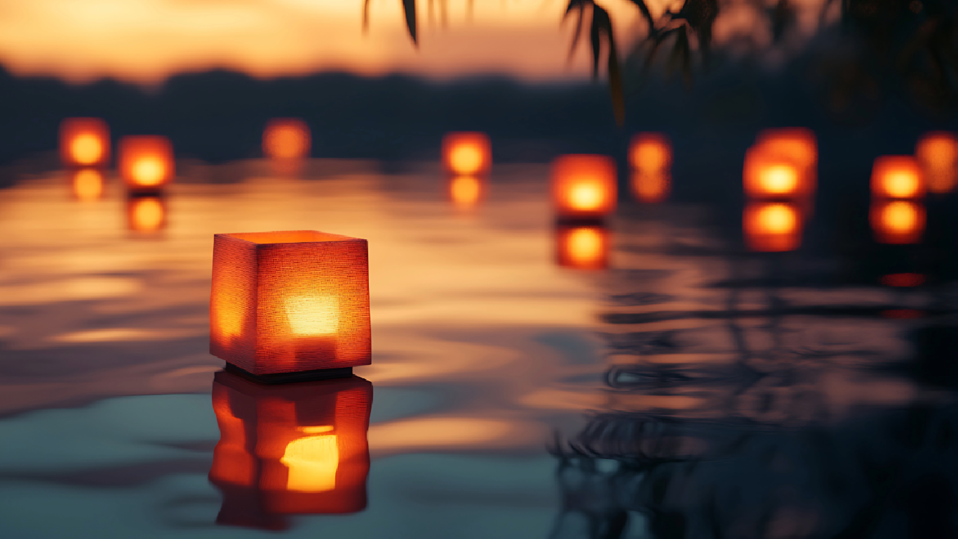 LED water lanterns glowing across calm water at sunset